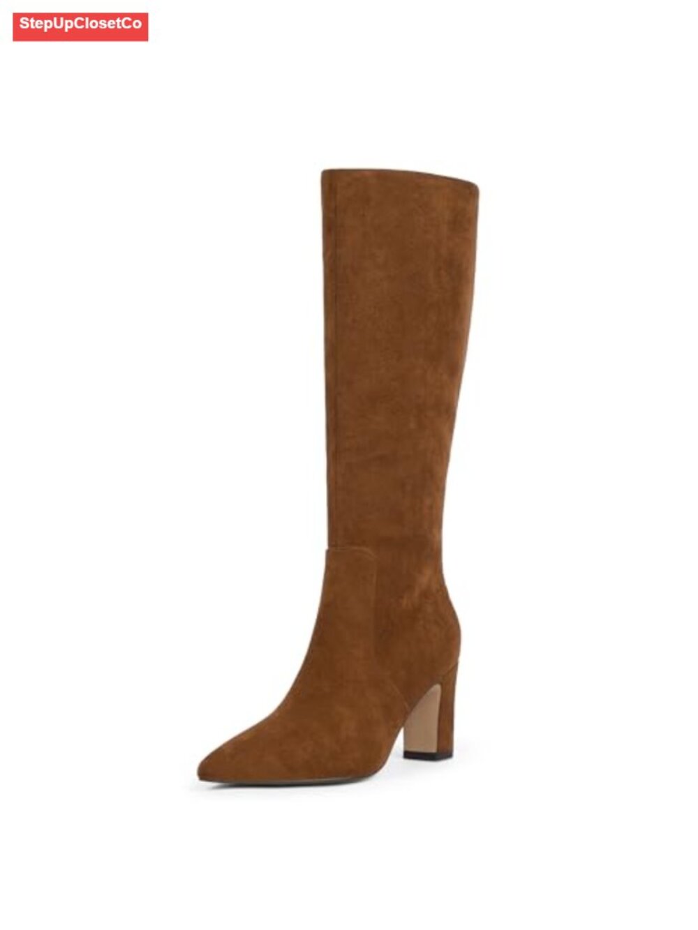 Women's Pointed Toe Knee High Boots Chunky Heel Faux Leather Tall Boots